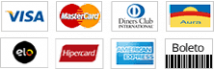 Formas de pagamento: Visa, Mastercard, Diners Club, Aura, Elo, Hipercard, American Express e Boleto